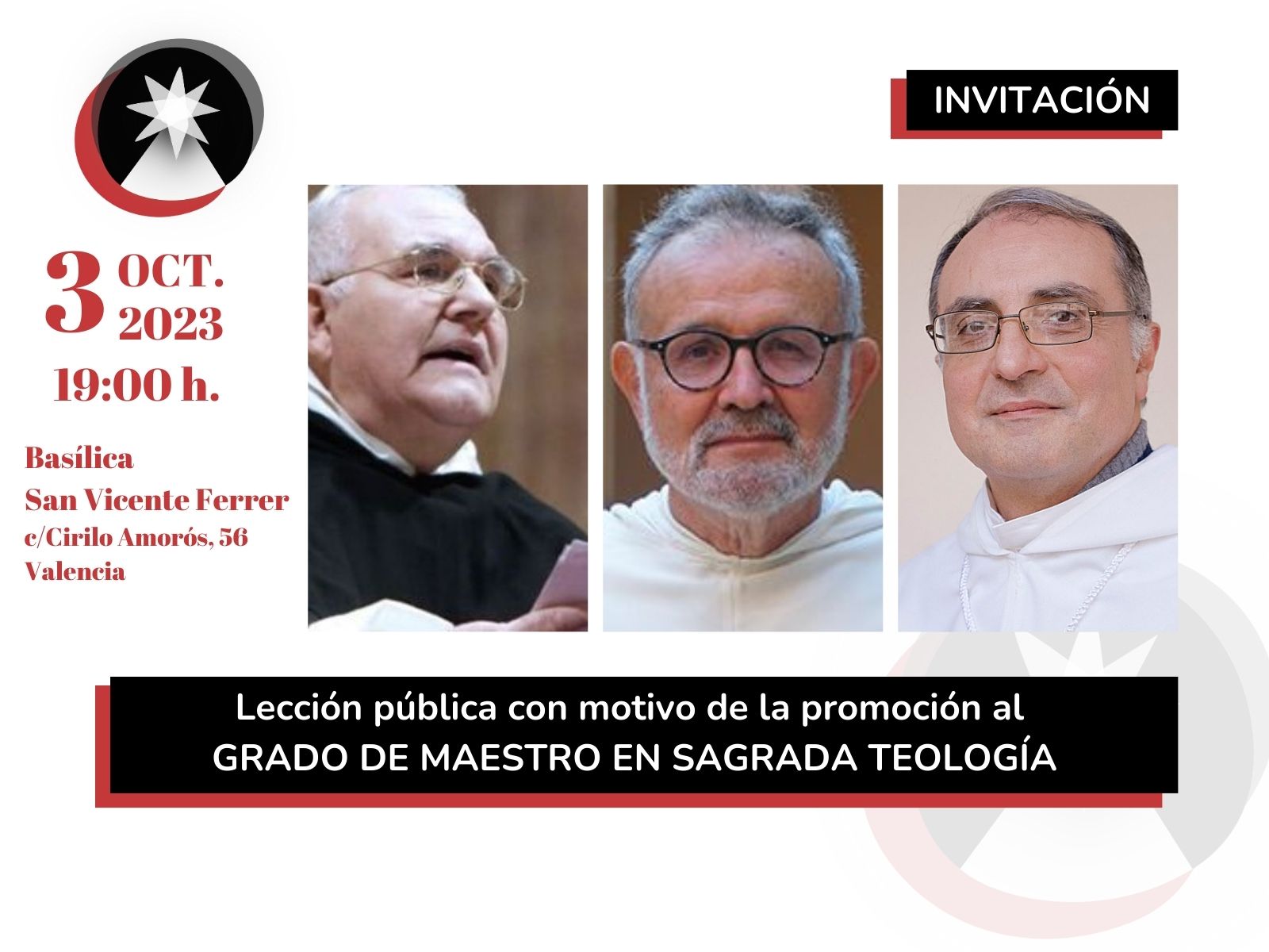 Vicente Botella, Alfonso Esponera y Vito Gómez reciben el Grado de Maestro en Sagrada Teología el 3 de octubre